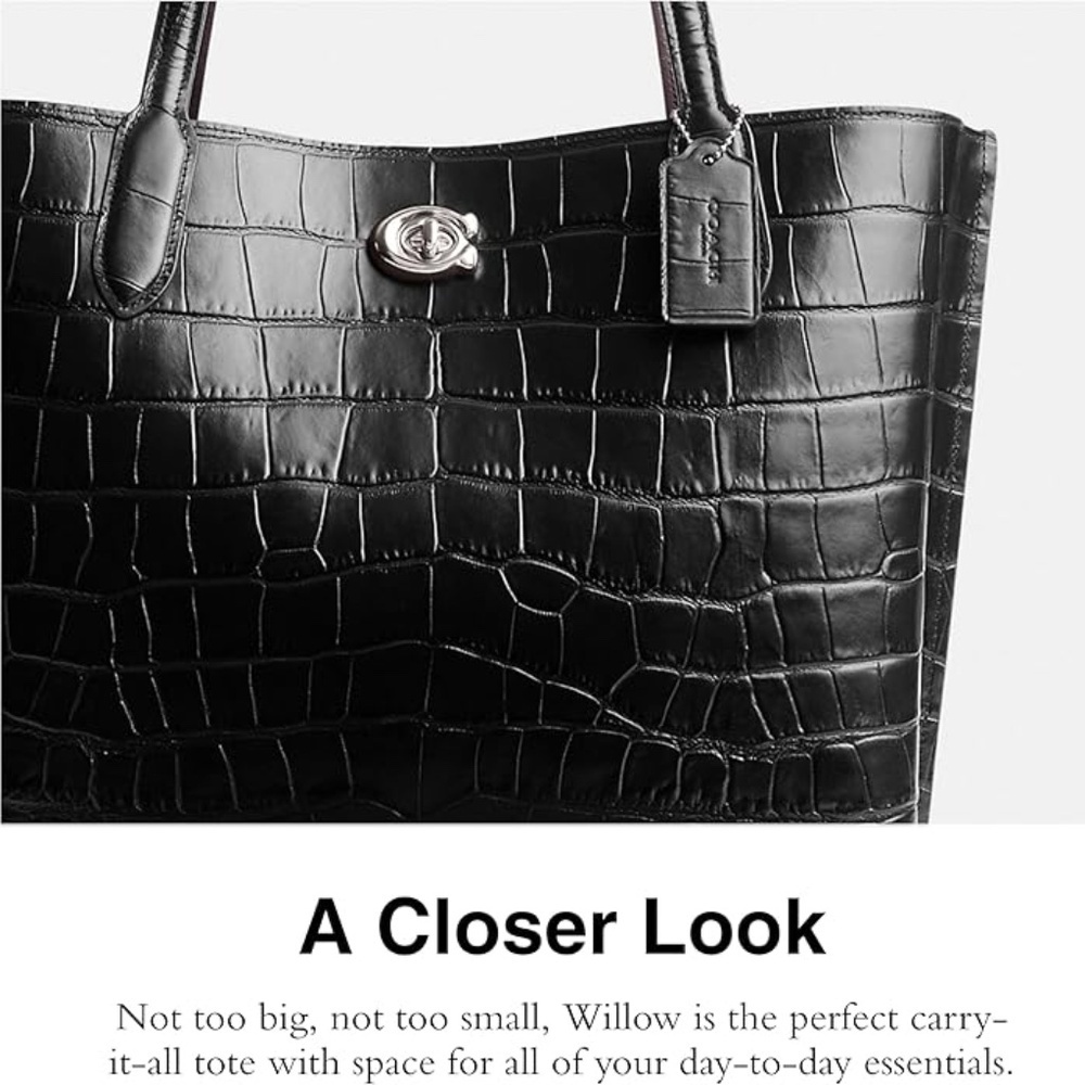 Coach Willow Tote Black Croc Embossed Leather Bag Turnlock 14” Laptop Work - Picture 3 of 8